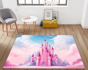 Pastel Castle Area Rug: Dreamy Pink Fairy Tale Carpet for Nursery