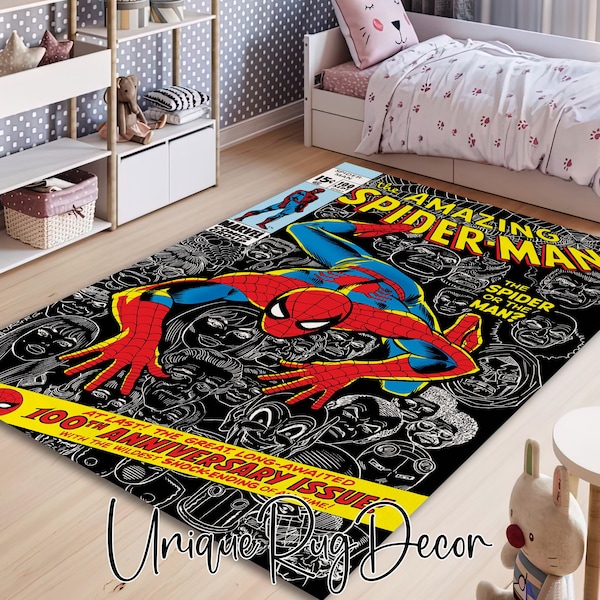 Spider Man Comic Book Printed Area Rug for Children Room, Fantastic Movie Mat, Popular Cartoon Decor