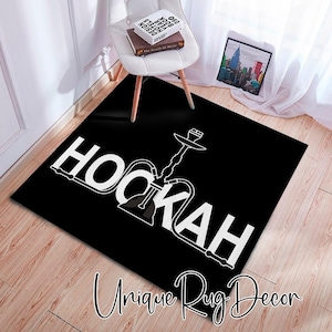 Black and White Non-Slip Hookah Texted Shisha Patterned Rug, Hookah Mat, Personalized Custom Carpet