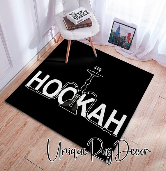 Black and White Non-slip Hookah Texted Shisha Patterned Rug