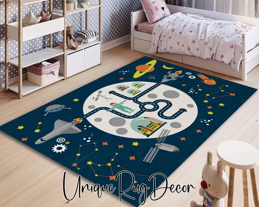 Space Themed Children Room Rug, Blue Baby Room Carpet, Cute Nursery Rug