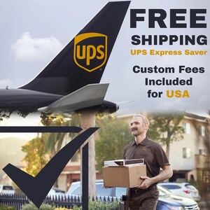 The image is an advertisement for UPS Express Saver, featuring a man carrying a package and a UPS logo. The text on the image includes "FREE SHIPPING" and "UPS Express Saver", along with "Custom Fees Included for USA".