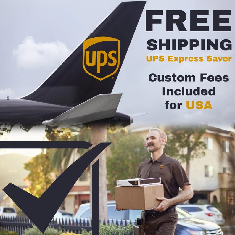 The image is an advertisement for UPS Express Saver, featuring a man carrying a package and a UPS logo. The text on the image includes "FREE SHIPPING" and "UPS Express Saver", along with "Custom Fees Included for USA".