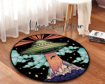 UFO Kidnapping Human Themed Space Rug, Non-Slip Round Mat for Teenage Room, Funny Dorm Decor, UFO Rug