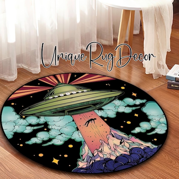 UFO Kidnapping Human Themed Space Rug, Non-Slip Round Mat for Teenage Room, Funny Dorm Decor, UFO Rug