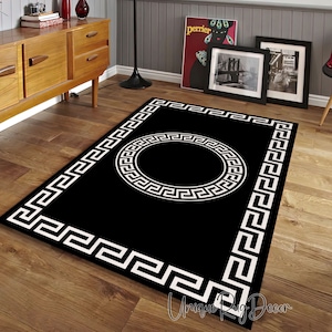 Greek Key Symbol Rug, Luxury Carpet, Black and White Modern Mat, Living Room Rug
