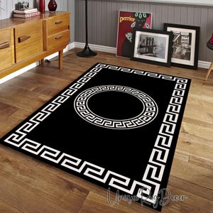 Greek Key Symbol Rug, Luxury Carpet, Black and White Modern Mat, Living Room Rug