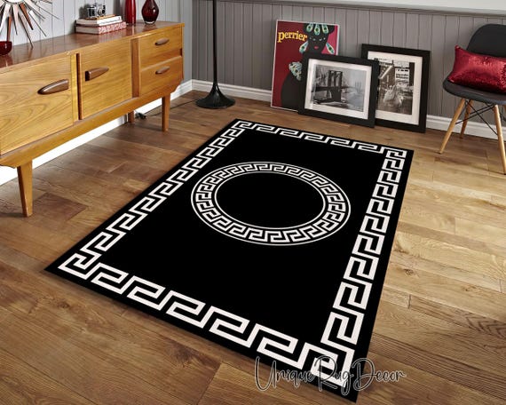 Greek Key Symbol Rug, Luxury Carpet, Black and White Modern Mat, Living Room Rug