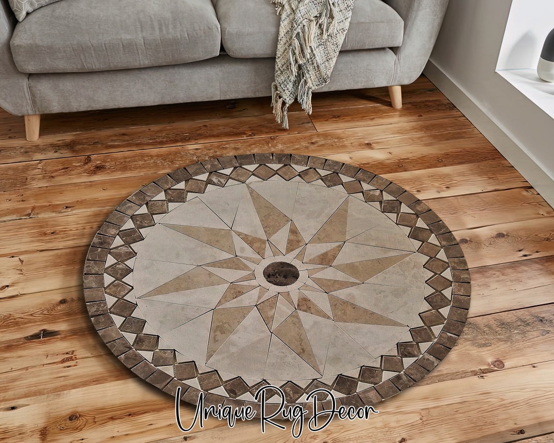 Greek Key Symbol Marble Mosaic Rug, Medallion Mat, Non-slip Floor Area ...
