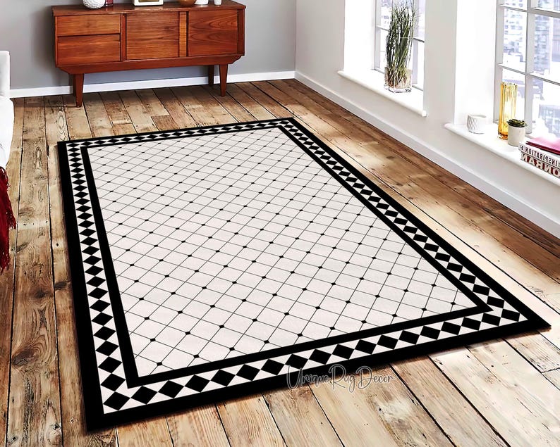 Modern Kitchen Rug, Black and White Geometric Carpet, Checkered Mat