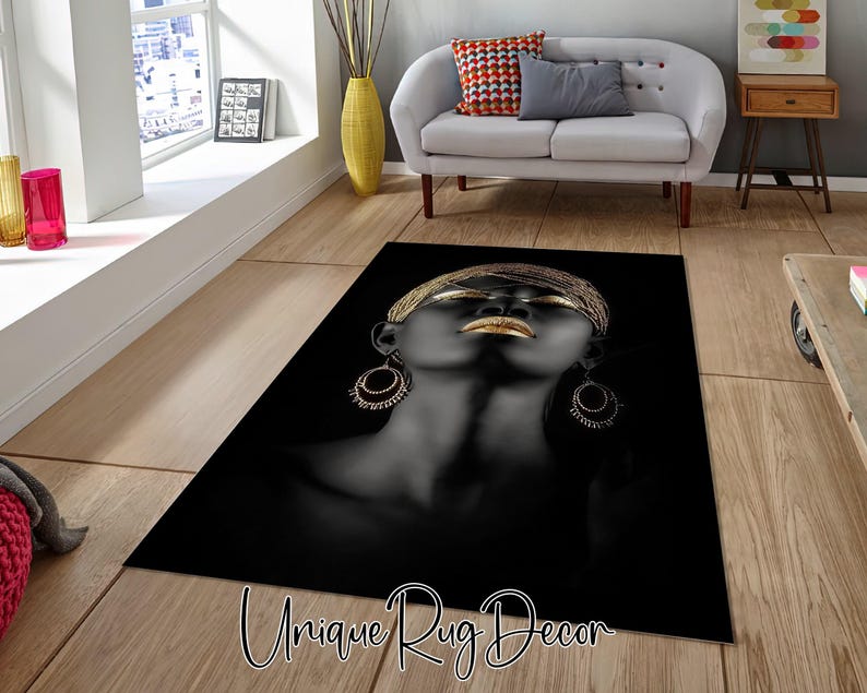 Afro Woman Art Rug, Modern Black Gold Home Decor - Etsy