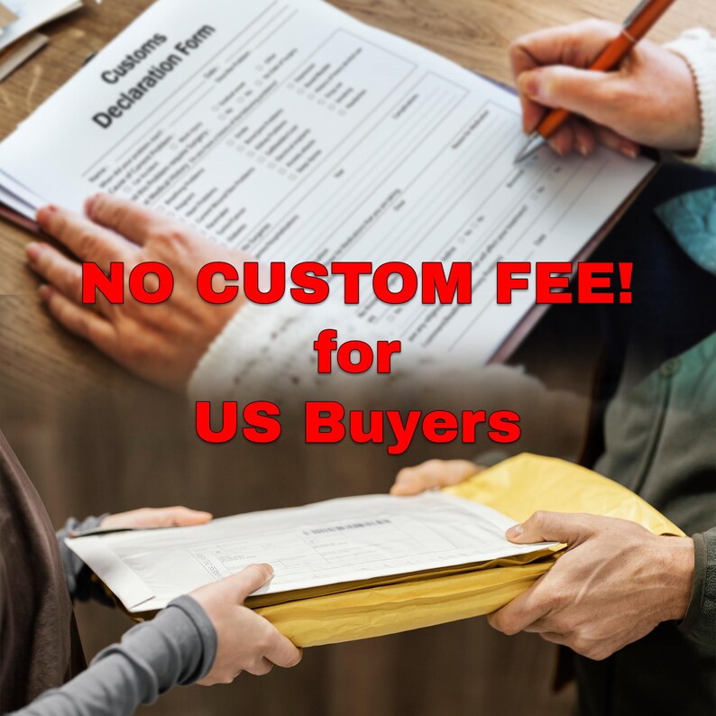 a person signing a customs declaration form, with a message stating "NO CUSTOM FEEE! for US Buyers".