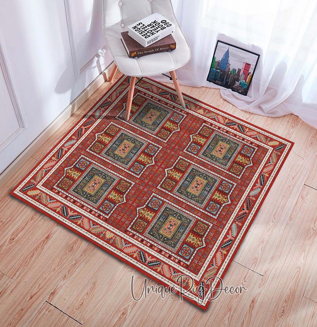 Retro Square Rug Red Traditional Medallion Carpet - Etsy