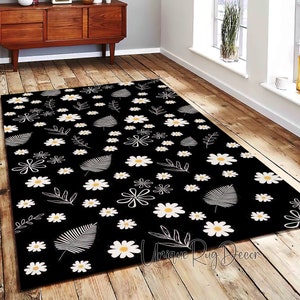 Blumenteppich, Schwarz-weißer Daisy Teppich, Blumenteppich, Blattmuster Dekor, Minimal Home Decor