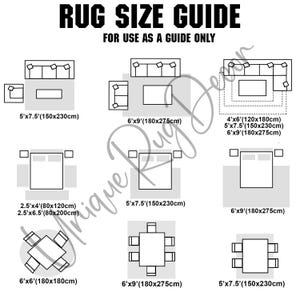 The image is a guide for rug sizes, providing dimensions and corresponding rug designs for different furniture arrangements.