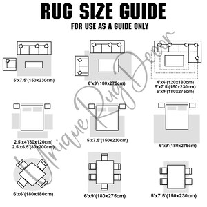 The image is a guide for rug sizes, providing dimensions and corresponding rug designs for different furniture arrangements.