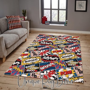Pop Art Comic Patterned Colorful Non-Slip Area Rug, Superhero Comic Fan Carpet