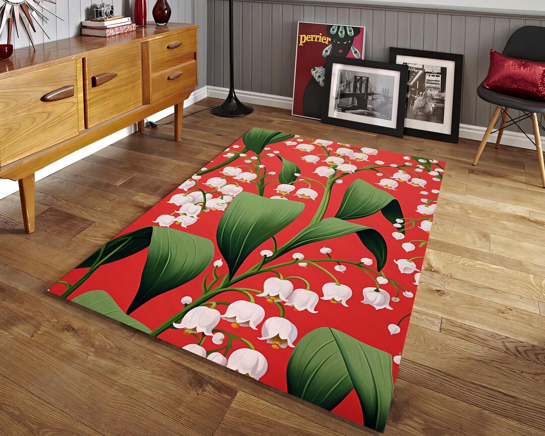 Artistic Red Floral Rug White Lily Flower Green Leaves Design Carpet ...