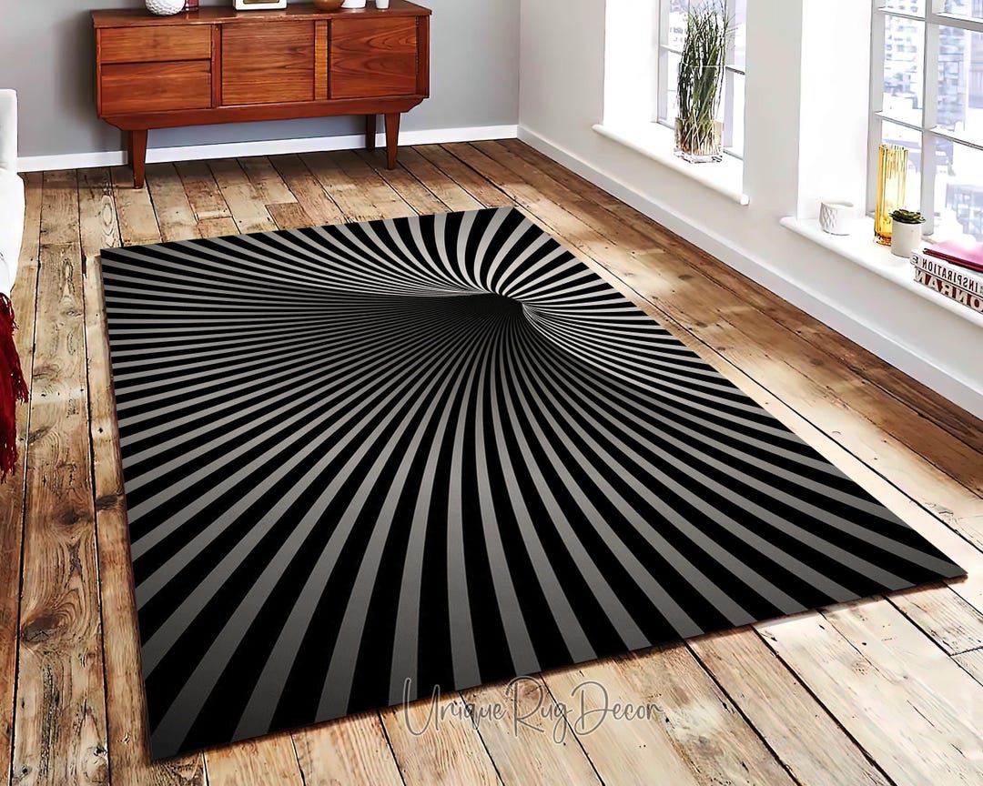 3D Swirl Rug, Black and White Striped Carpet, Illusion Decor, Vortex ...