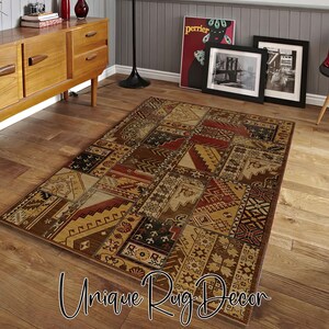 Rustic Patchwork Themed Nonslip Machine Washable Printed Area Rug, Oriental Patchwork Carpet