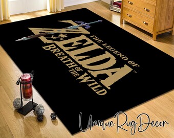 Zelda Game Logo Rug, Black Gaming Chair Mat, Gamer Room Carpet, Zelda Art Decor