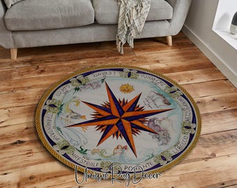 Ancient Compass Rose Printed Round Non-Slip Yacht Rug, Ocean Decor