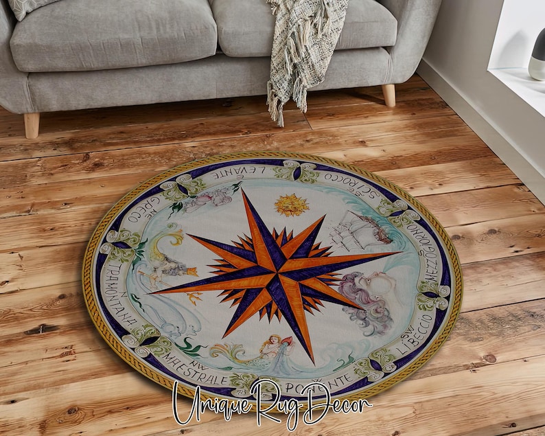 Ancient Compass Rose Printed Round Non-slip Yacht Rug, Ocean Decor - Etsy