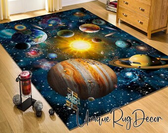 Solar System Themed Galaxy Planet Rug, Space Room Carpet, Cool Children Room Decor