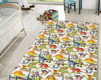 Dinosaur Print Kids Rug: Non-Slip Washable Nursery Decor