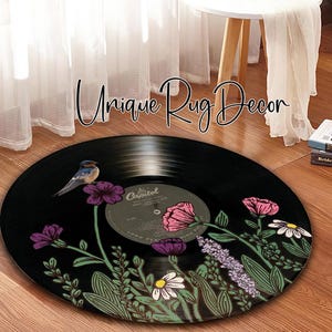 Decorative Floral Pattern Non-Slip Round Record Rug for Teenage Music Room, Personalized Record Decor