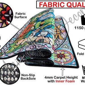 The image is a detailed visual representation of a fabric quality product, likely a rug or carpet. It includes various text elements and images that provide information about the product's features and characteristics.