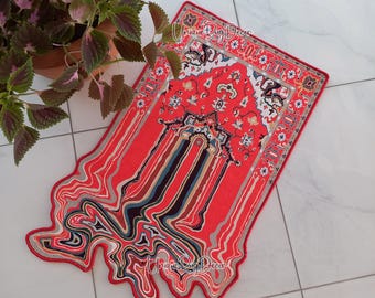 Red Color Ottoman Melting Rug, Acid Wave Carpet, Moroccan Decor, Melting Shaped Rug, Irregular Mat