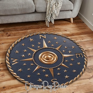 3D Looking Navy Compass Rose Rug, Ocean Coastal Carpet, Cool Yacht Decor