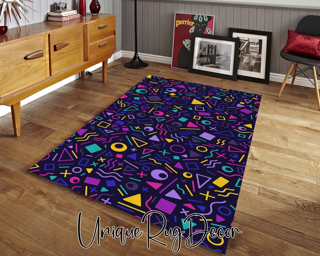 90s Arcade Themed Nonslip Retro Rug, Gamer Room Carpet, Colorful