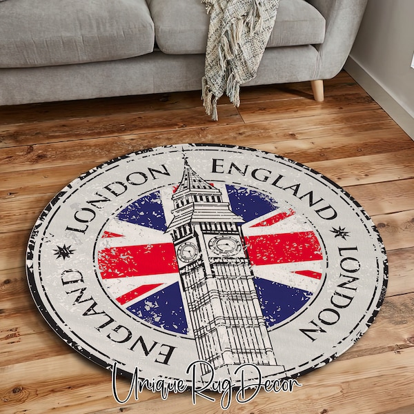 Big Ben Themed Retro Style British Flag Abstract Round Rug, England London Symbol Printed Non-Slip Area Mat, British Home Decor