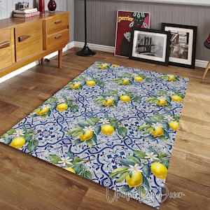 Lemon Themed Kitchen Rug, Blue Title Printed Carpet, Modern Mat, Fruit Decor, Dining Room Rug
