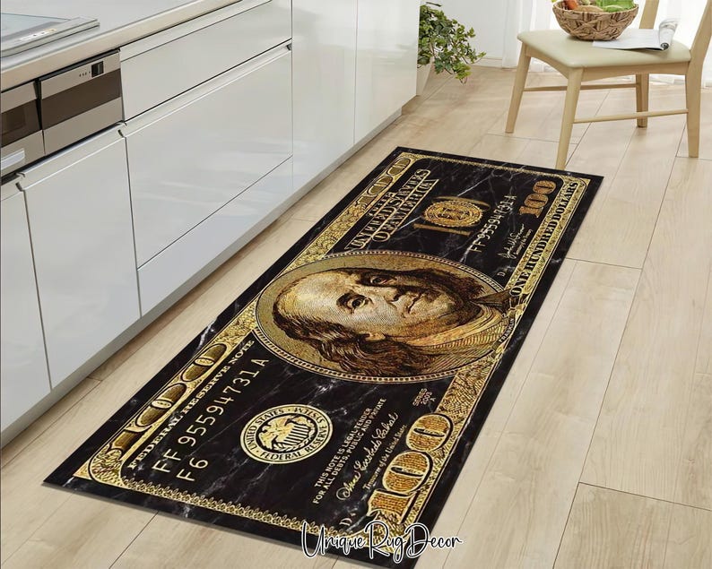 100 Dollar Bill Runner Rug: Black & Gold Benjamin Franklin Mat - Etsy