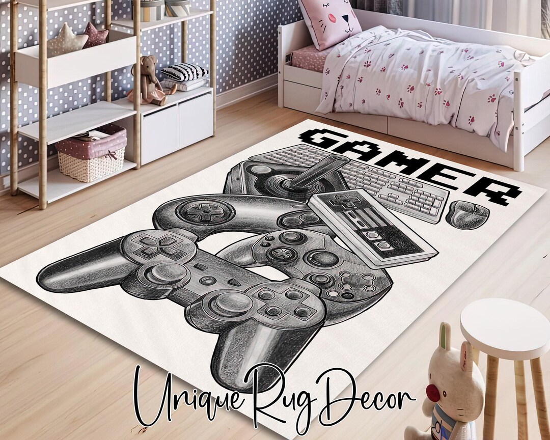 Retro Controller Rug Game Controller Rug: Black and White Pencil Drawing, Retro Gamer Decor ...