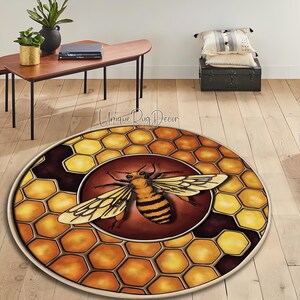 Bee Themed Rug, Animal Round Mat, Honeycomb Patterned Carpet, Luxury Rug
