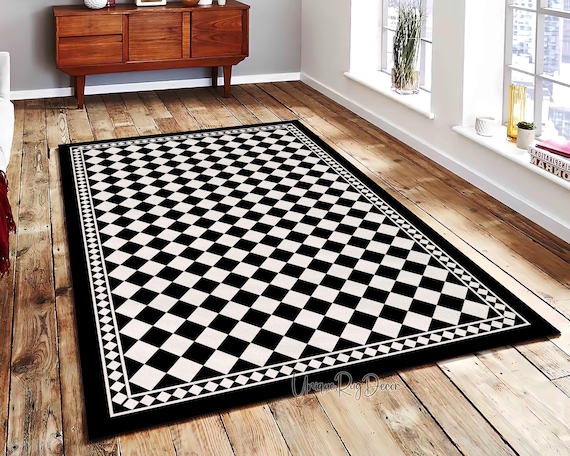 Teppich mit Rautenmuster, schwarz-weiß karierte Matte, Flurteppich, geometrischer Küchenteppich