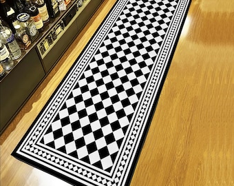 Black Checkered Runner Rug: Geometric Diamond Carpet, Modern Decor