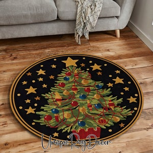 Nostalgischer Retro-Stil Weihnachtsbaum-Thema runder Bodenteppich, cooles botanisches Dekor, Retro-Teppich