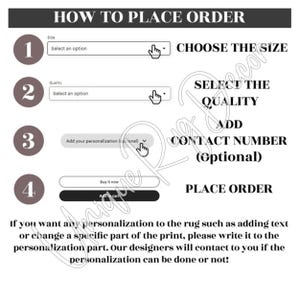 The image is a step-by-step guide on how to place an order for a rug, with instructions on selecting the size, quality, contact number, and placing the order.