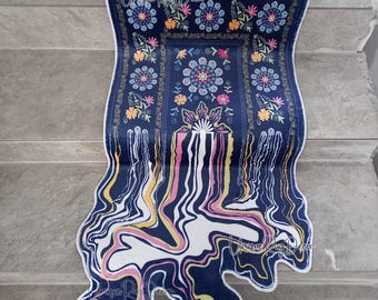 Floral Melting Rug, Flower Carpet, Bohemian Home Decor, Moroccan Mat, Irregular Shaped Rug, Acid Wave Carpet