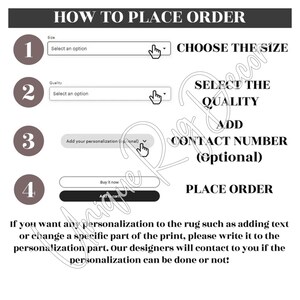 The image is a step-by-step guide on how to place an order for a rug, with instructions on selecting the size, quality, contact number, and placing the order.