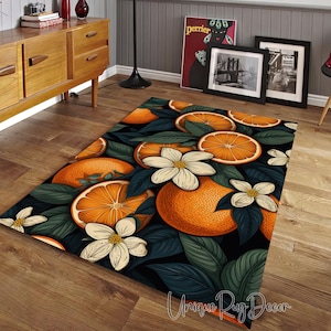 Orange and Floral Rug, Fruit Carpet, Kitchen Mat, Leaf Decor, Dining Room Rug