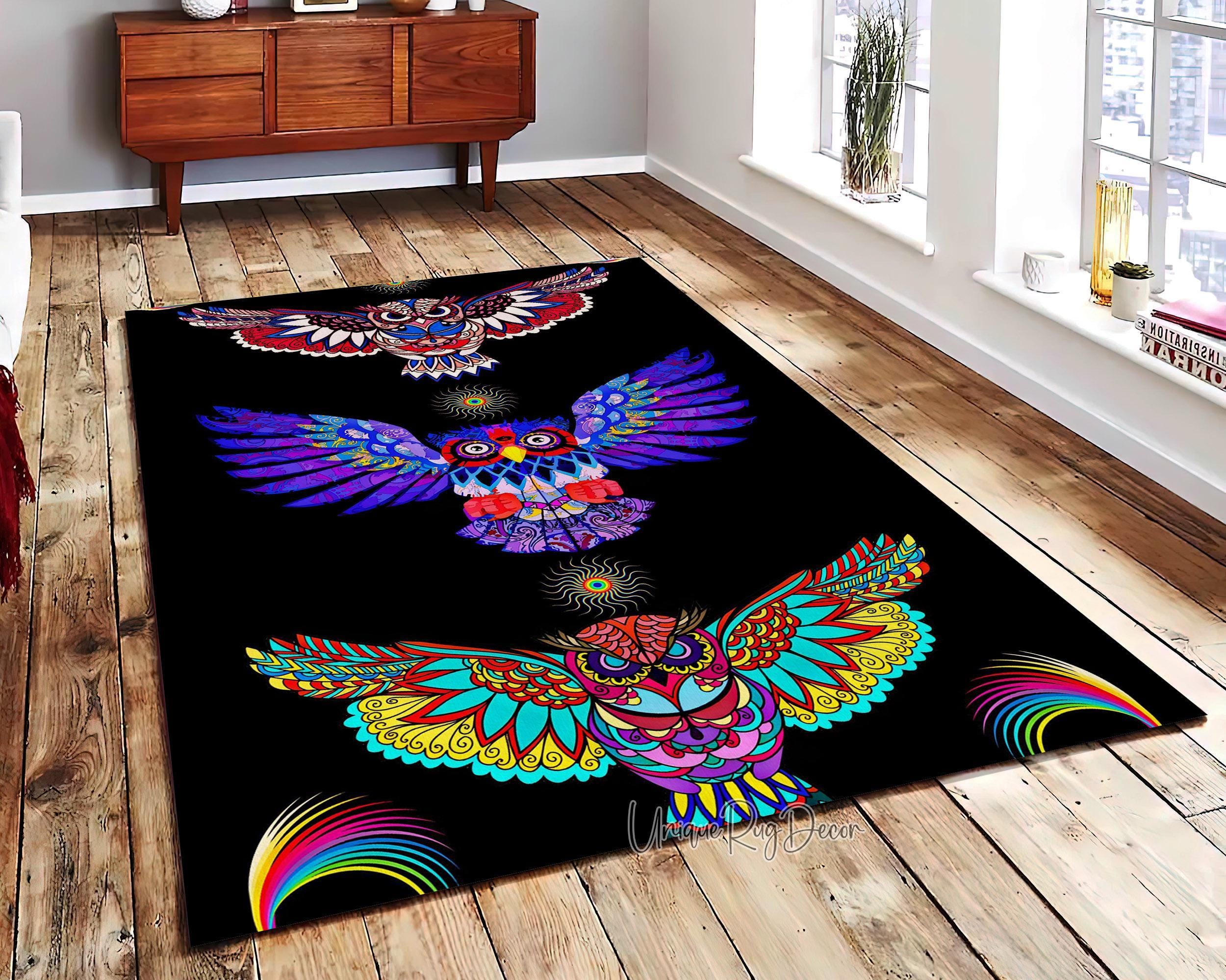 Colorful Owl Themed Rug, Meditation Carpet, Yoga Mat, Animal Decor, Bedroom Rug