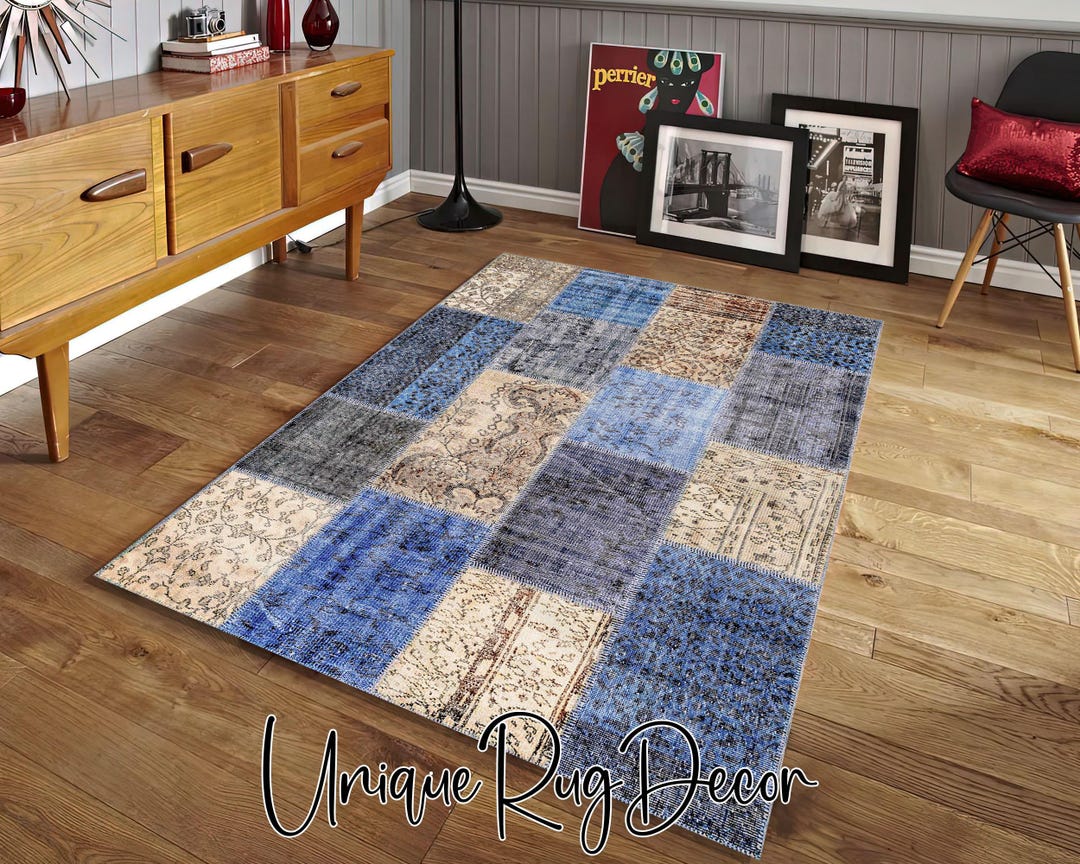 Blue Patchwork Rug: Decorative Printed Entryway Carpet - Etsy