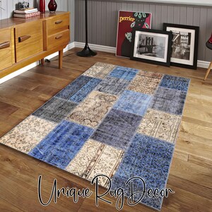 Blauw patchworktapijt: decoratief bedrukt entreetapijt