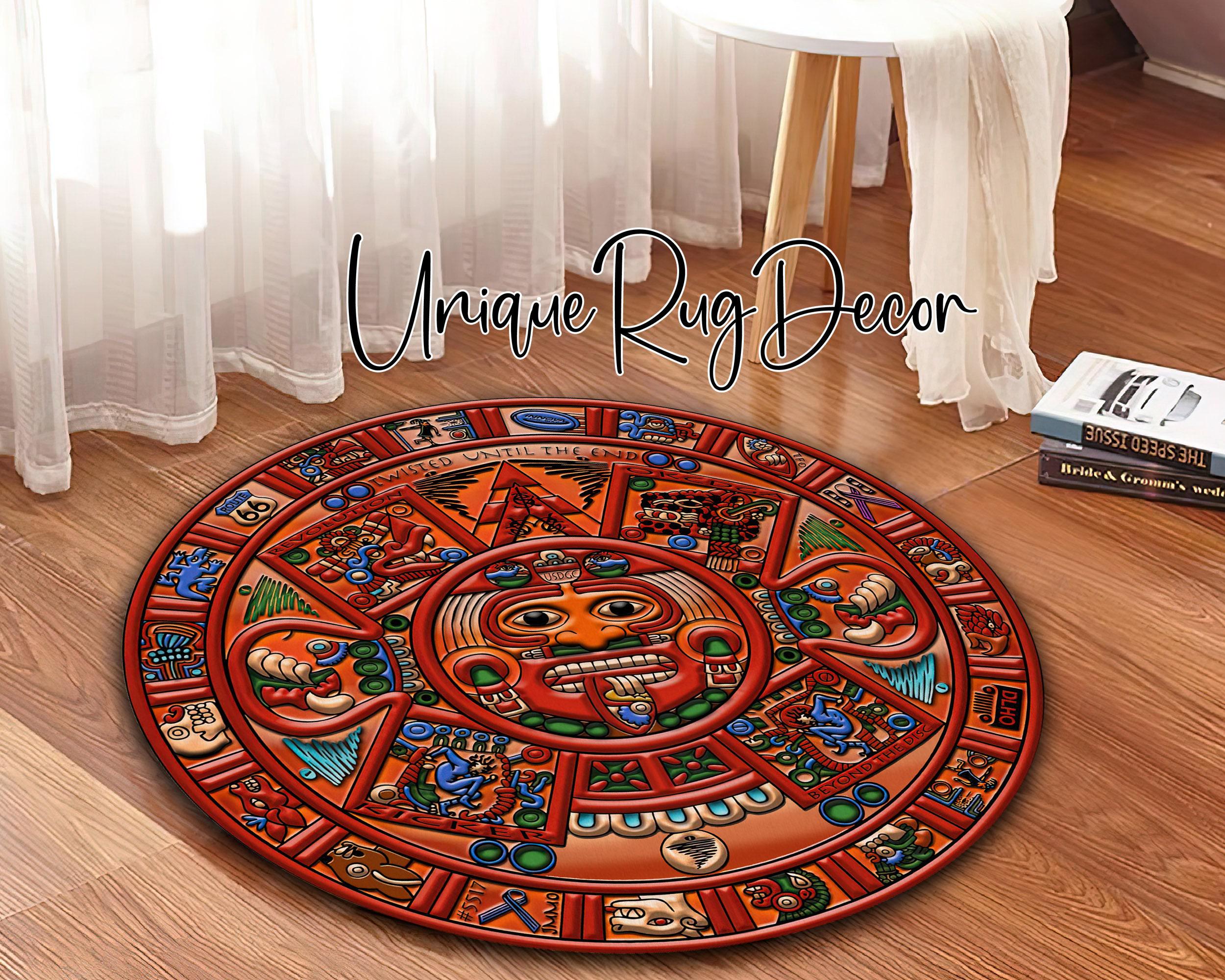 Colorful Tribal Mayan Calendar Retro Round Rug, Mayan Compass Medallion ...